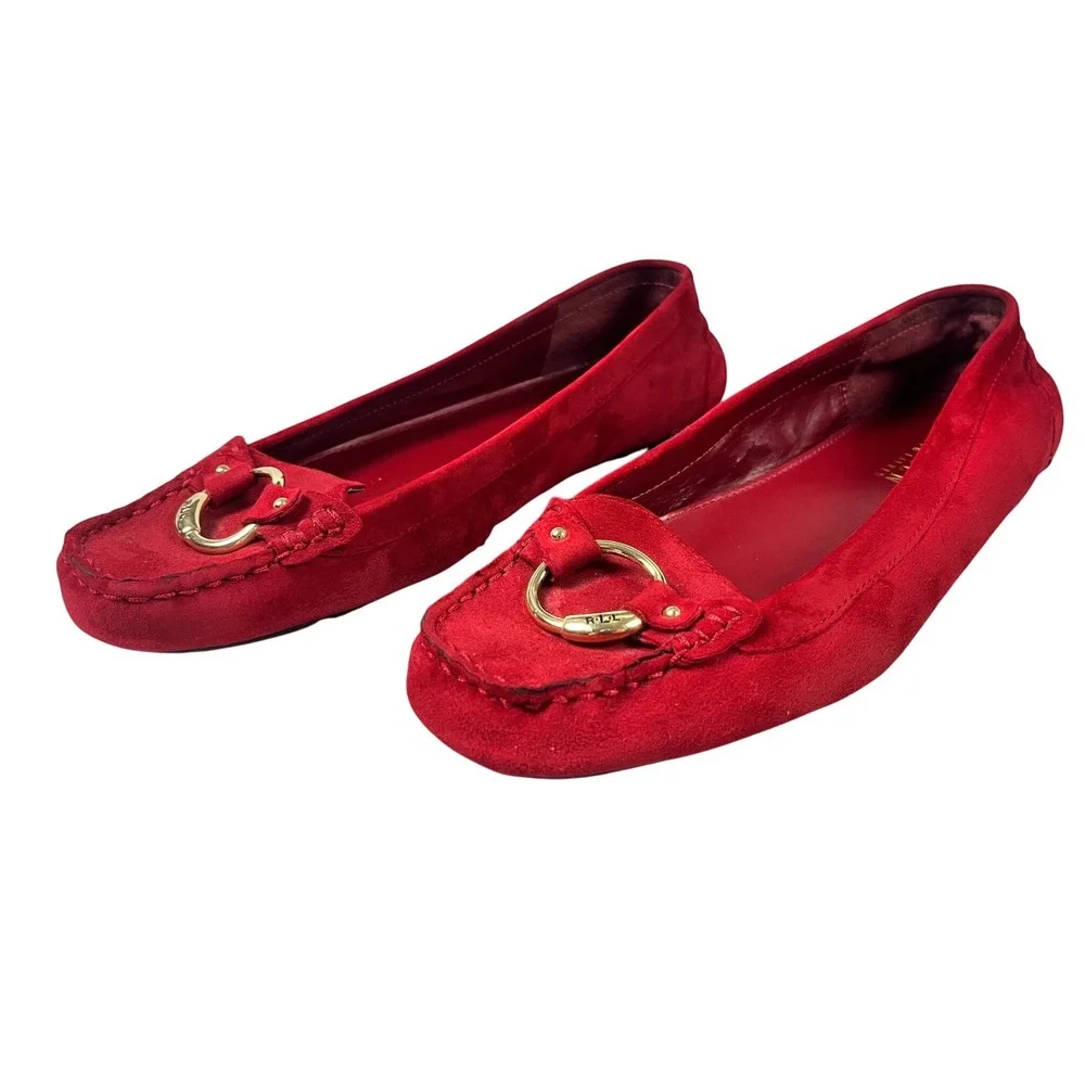 Lauren Ralph Lauren Cadance Red Suede Driving Loafers Gold Horsebit Womens 9.5B